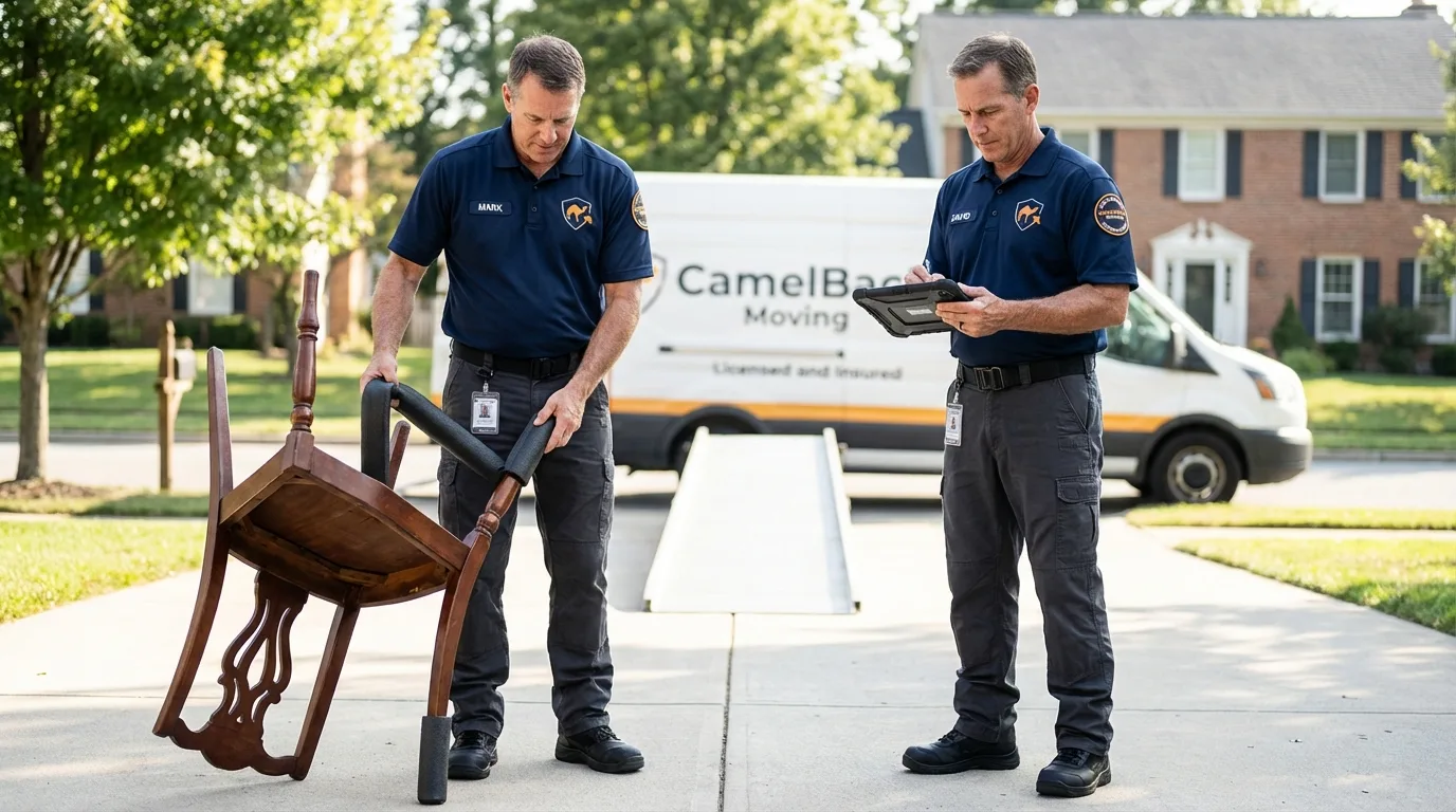 Movers inspecting furniture for damage prevention before loading in Pulaski, NY