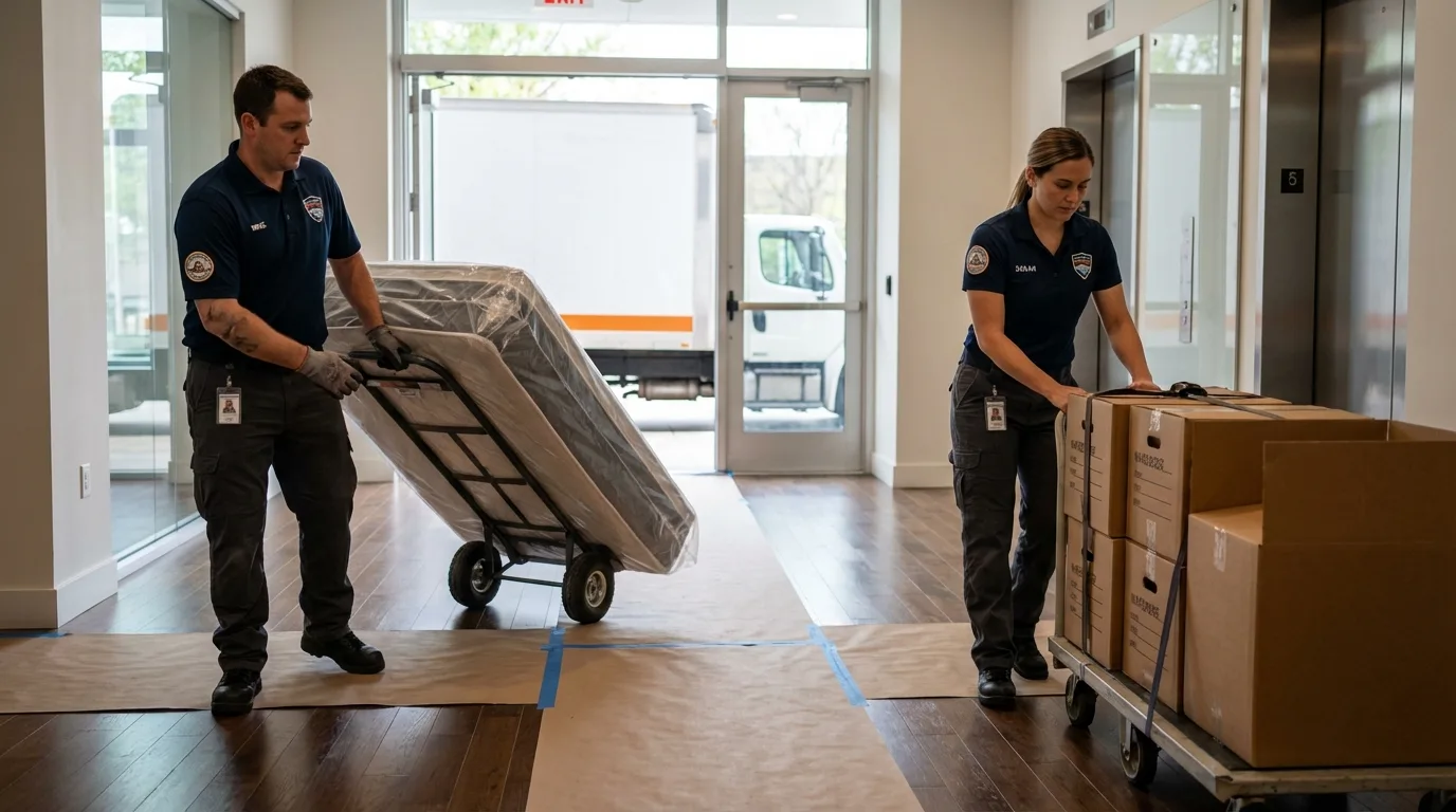 Professional apartment movers loading elevator in Pulaski, NY